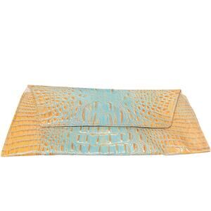 Kemestry Teal Dark Yellow Croc Embossed Leather Clutch Bag